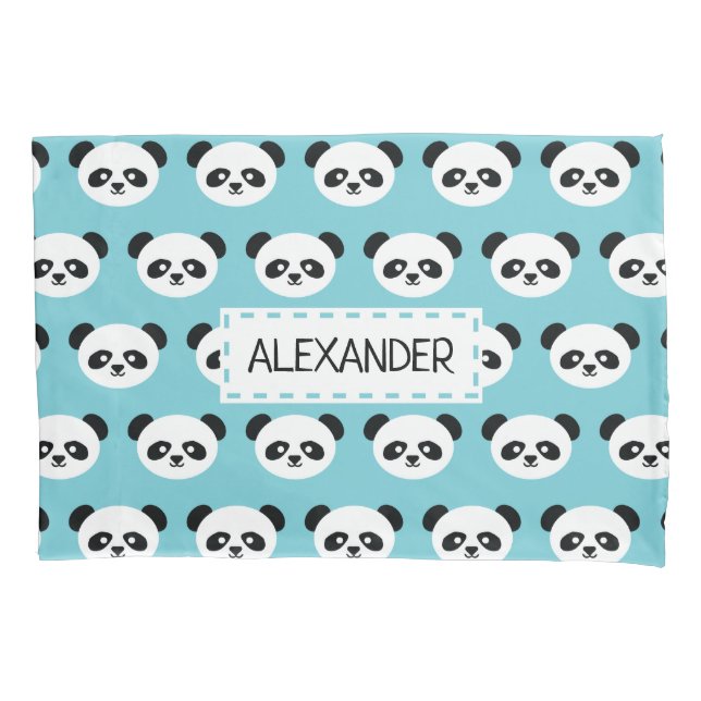 Blue Personalised Panda Bear Kids Kawaii Pillowcase (Front)