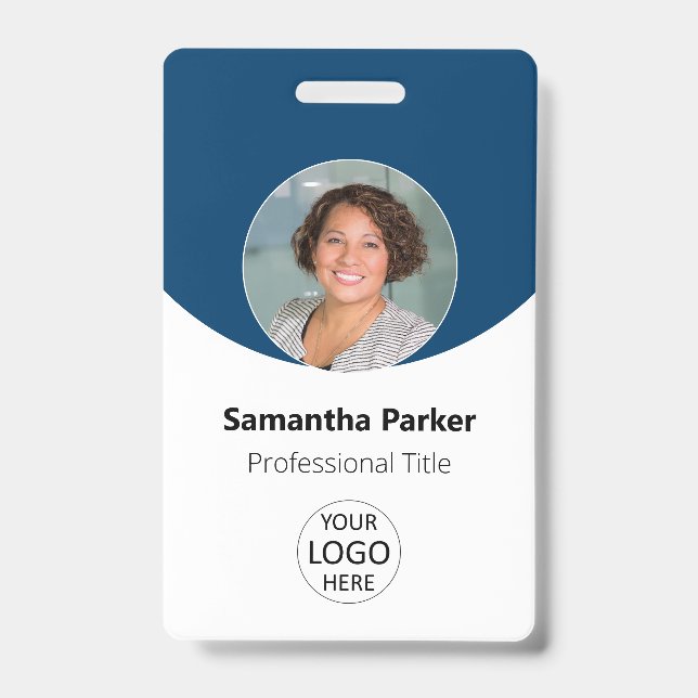 Blue Personalised Photo, Logo, Barcode Employee ID Badge (Front)