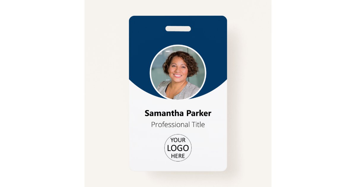 Blue Personalised Photo, Logo, Barcode Employee ID Badge Zazzle