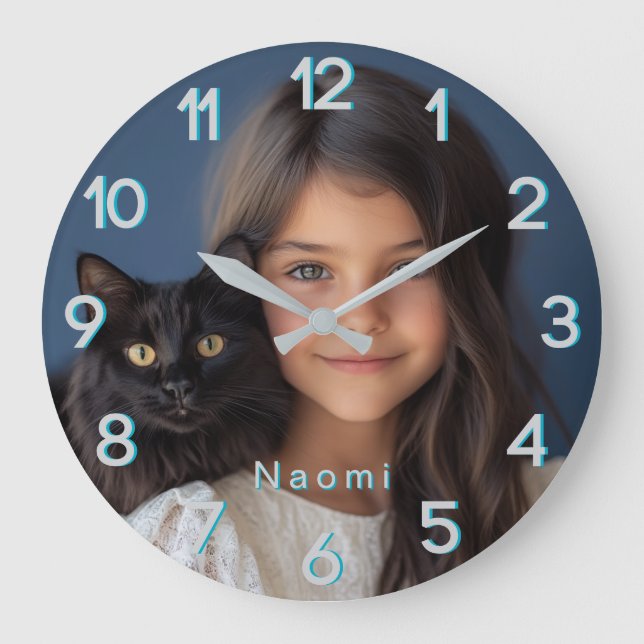 Blue Personalised Photo & Name  Large Clock (Front)