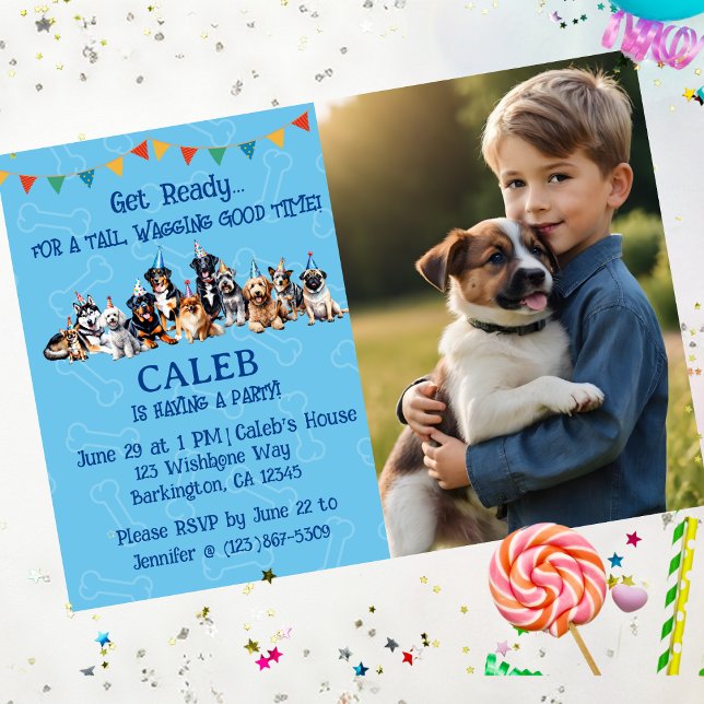 Blue Personalised Photo Puppy Dog Birthday Invitation (Creator Uploaded)