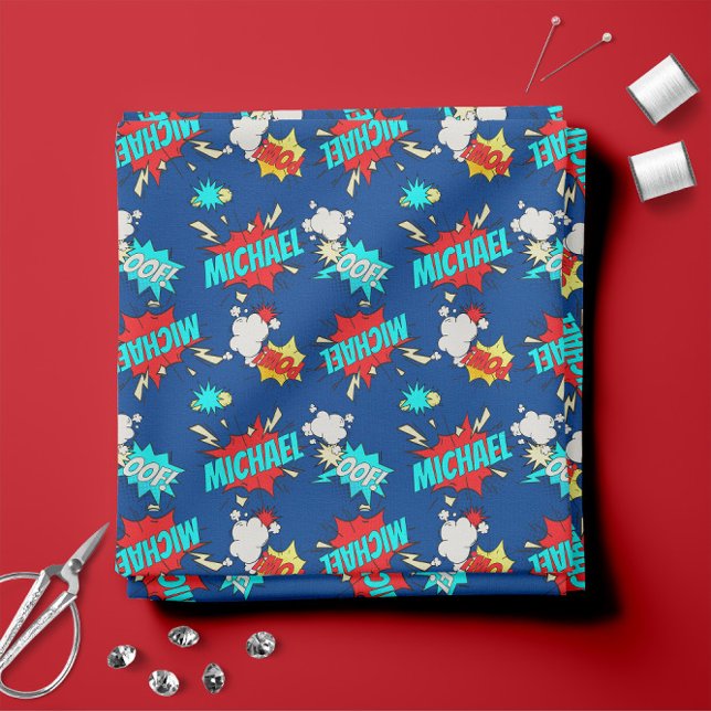 Blue Personalised Pop Art OOF! POW! 💥🦸Comic Book Fabric (Blue Personalized Pop Art OOF! POW! 💥🦸Comic Book Fabric -- Try Any Name On Screen and Preview!)
