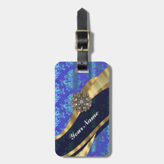 Blue personalised pretty damask pattern luggage tag