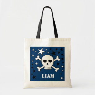 Blue Personalizable Cute Skull Crossbone and Stars Tote Bag