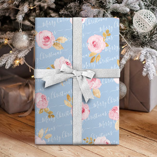 Blue Personalized Merry Christmas Script Floral Wrapping Paper