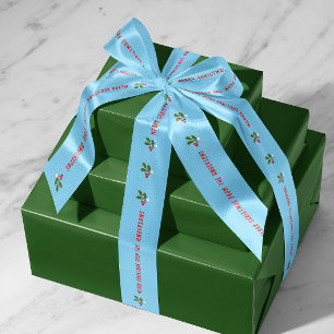 Blue Personalized Text with Holly Sprigs Holiday Satin Ribbon