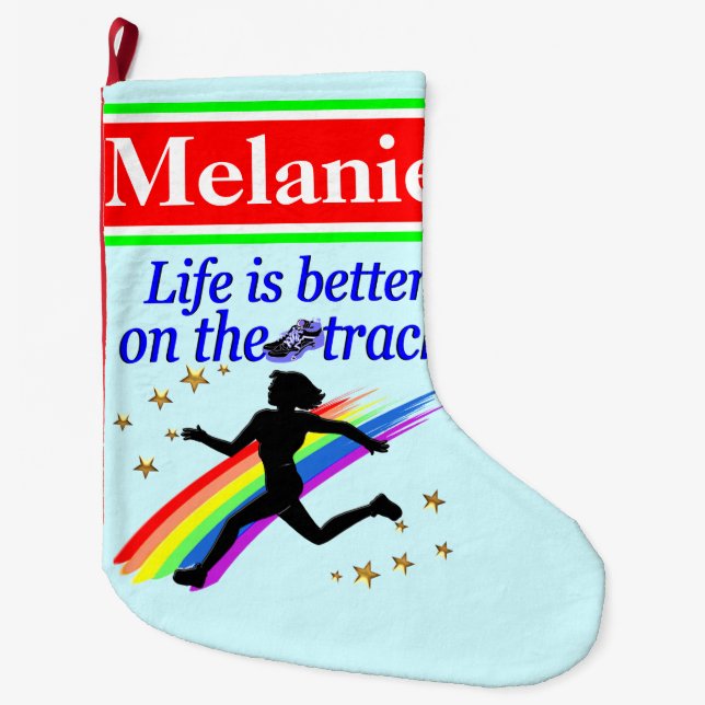 BLUE PERSONALIZED TRACK & FIELD CHRISTMAS STOCKING (Front)