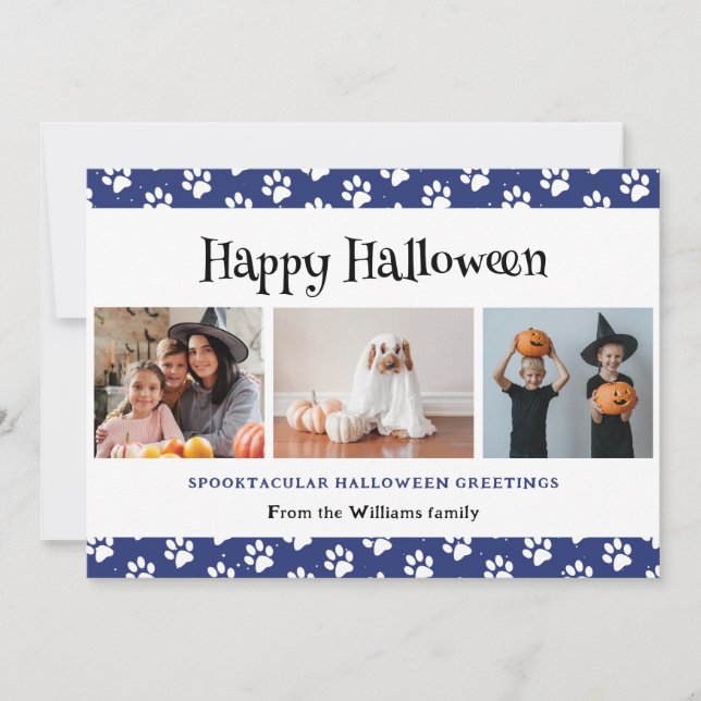 Blue Pet Paws Photo Happy Halloween  Holiday Card (Front)