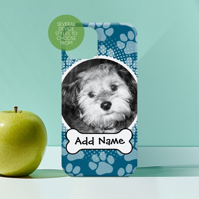 Blue Pet Photo Frame with Paw Prints and Dog Bone Case-Mate iPhone Case (Personalized Phone Case with Custom Text)