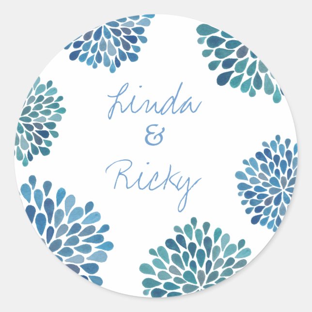 Blue Petal Bloom Burst Wedding Round Sticker Seal (Front)