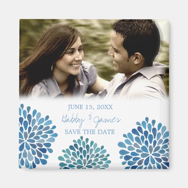 Blue Petals Bloom Save the Date Wedding Magnet (Front)