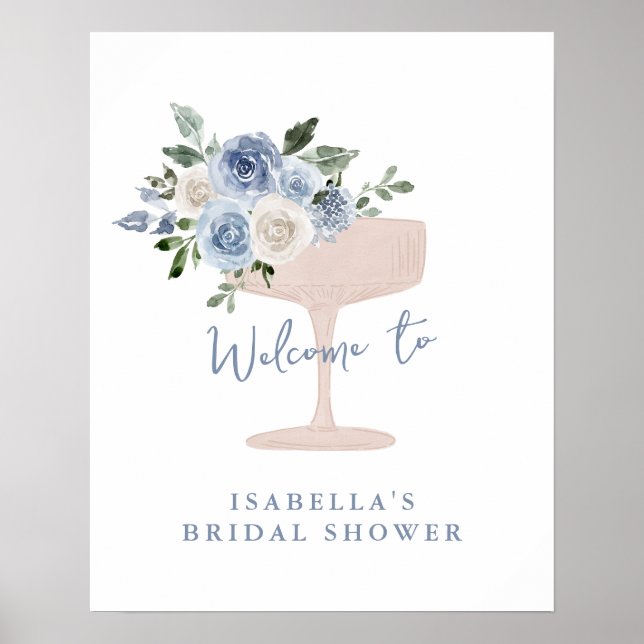 Blue Petals Prosecco Garden Bridal Shower Welcome Poster (Front)