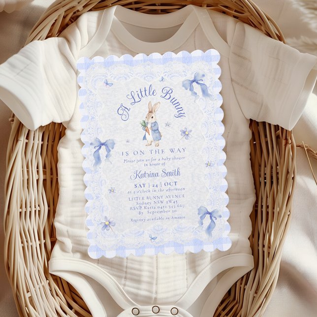 Blue Peter Rabbit Gingham lace Baby Shower Invitation (Creator Uploaded)