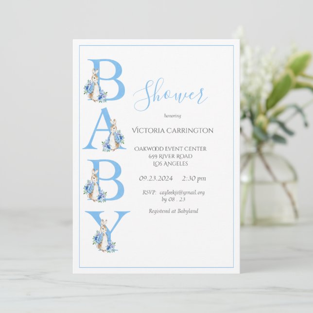 Blue Peter Rabbit Typography Baby Shower Invitation (Standing Front)