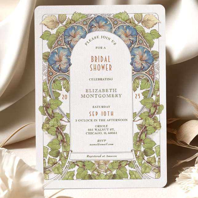 Blue Petunia Bridal Shower Art Nouveau Deco Invitation (Creator Uploaded)