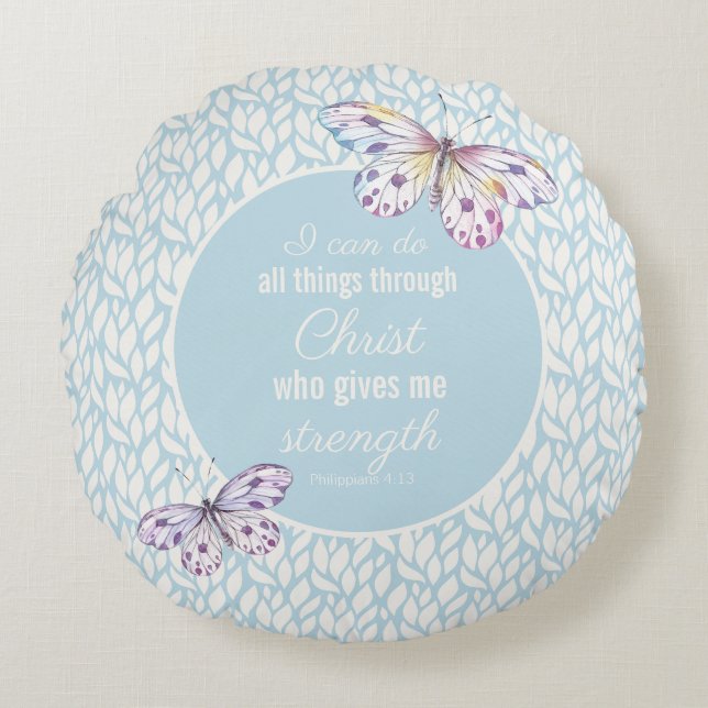 Blue Philippians 4:13 Butterfly Round Cushion (Front)
