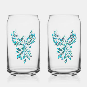 Blue Phoenix Rises on White Can Glass
