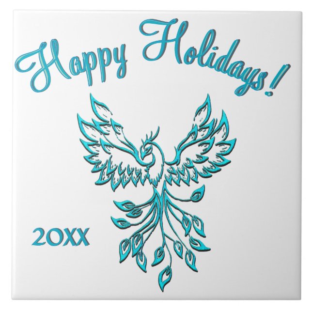 Blue Phoenix Rises on White Custom Text Tile (Front)