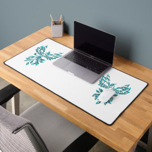 Blue Phoenix Rises on White Desk Mat