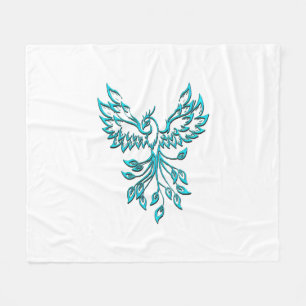 Blue Phoenix Rises on White Fleece Blanket