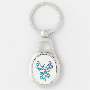 Blue Phoenix Rises on White Key Ring