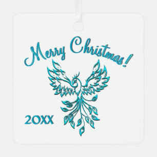Blue Phoenix Rises on White Merry Christmas Year Metal Tree Decoration