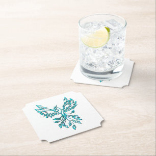 Blue Phoenix Rises on White Paper Coaster
