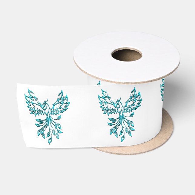 Blue Phoenix Rises on White Satin Ribbon (Spool)