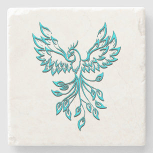 Blue Phoenix Rises on White Stone Coaster