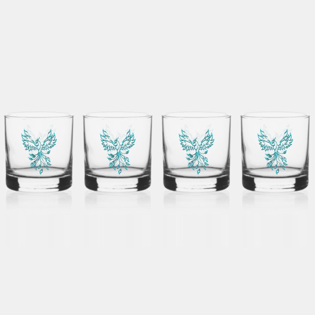 Blue Phoenix Rises on White Whiskey Glass (Front)
