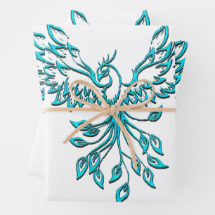 Blue Phoenix Rises on White Wrapping Paper Sheet