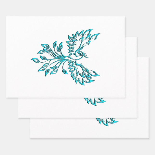 Blue Phoenix Rises on White Wrapping Paper Sheet (Set)