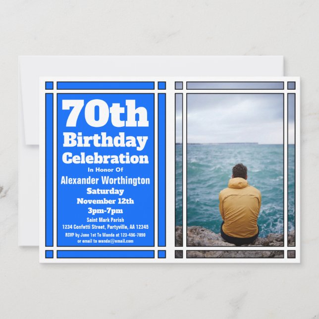 Blue Photo 70th Birthday Party Invitation (Front)