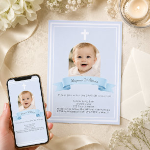 Blue Photo Arch Boy Baptism Invitation
