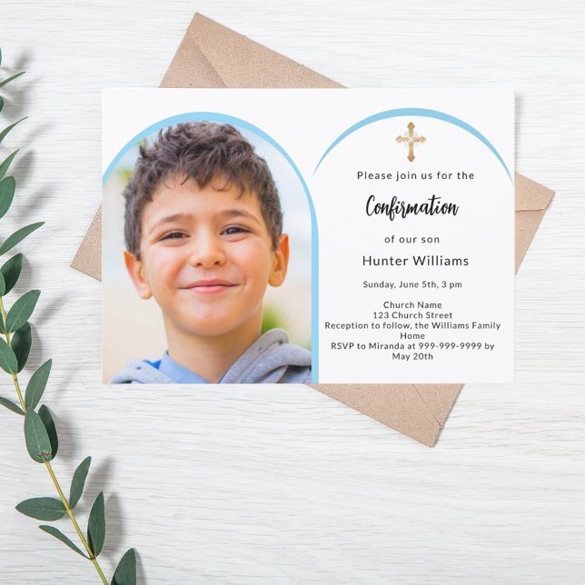 Blue photo arch boy cross Confirmation Invitation (Creator Uploaded)