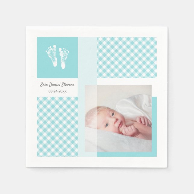 Blue Photo Birth Announcement Gingham Footprints Napkin (Front)