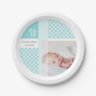 Blue Photo Birth Announcement Gingham Footprints Paper Plate