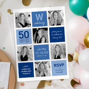 Blue Photo Collage 50th Birthday Invitation