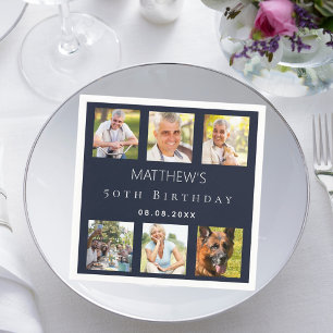 Blue photo collage birthday party napkin