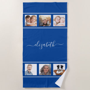 Blue photo collage monogram script family beach towel