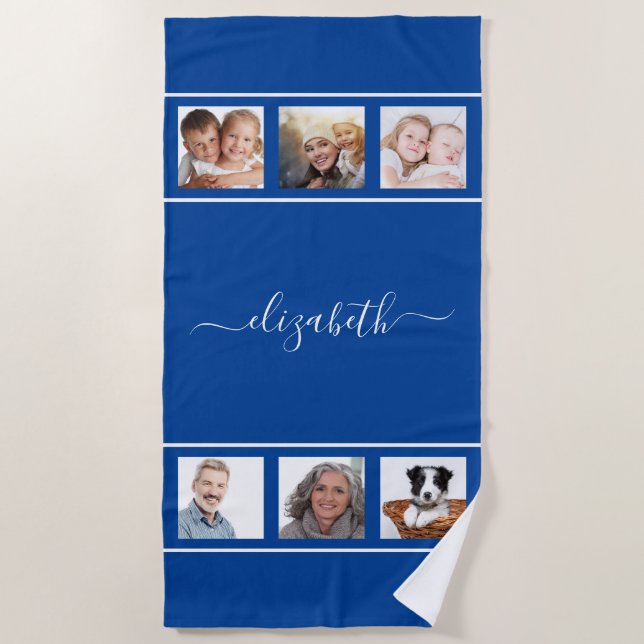 Blue photo collage monogram script family beach towel (Front)