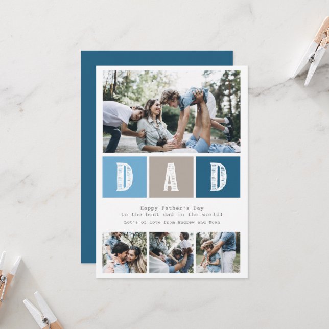 Blue Photo Collage Rustic Typography Father's Day Card (Front/Back In Situ)