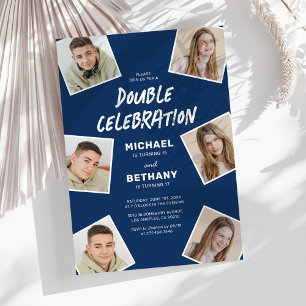 Blue Photo Collage Twin Birthday Invitation