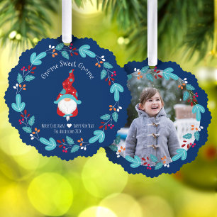 Blue Photo Gnome Sweet Gnome Elf Floral Wreath Tree Decoration Card
