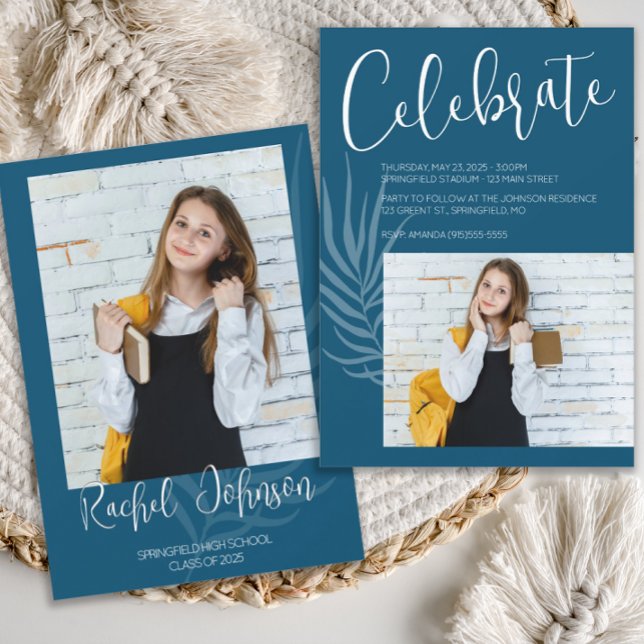 Blue Photo Graduation Invitation (Blue and gold graduation announcement)