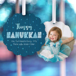 Blue Photo Happy Hanukkah Typography Star of David Tree Decoration Card<br><div class="desc">“Happy Hanukkah.” Feel the warmth and joy of the holiday season while ushering in the festival of lights with this playful, keepsake paper ornament card. Fun, whimsical handcrafted typography along with a random Star of David pattern in light dusty blues overlay midnight navy blue hand drawn lines and a dark...</div>