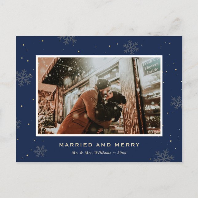 Blue Photo Married and Merry Newlywed Christmas Holiday Postcard (Front)