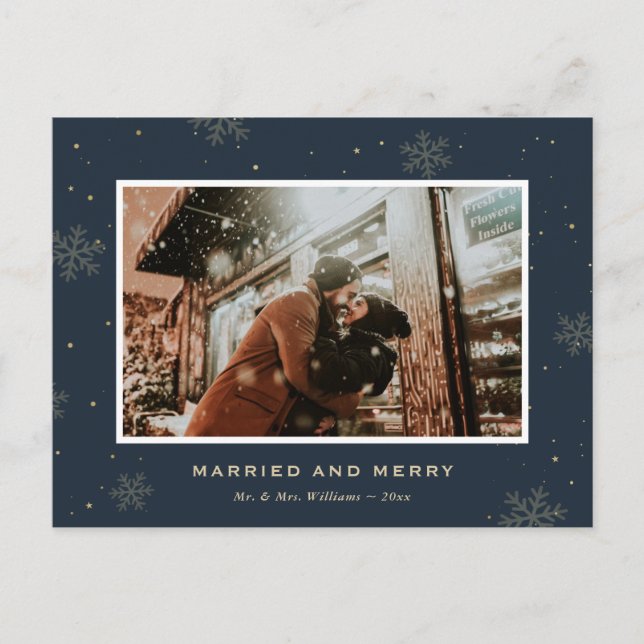 Blue Photo Married and Merry Newlywed Christmas Holiday Postcard (Front)