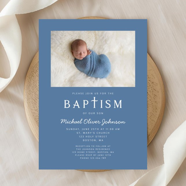 Blue Photo Religious Cross Boy Baptism Invitation (Blue Photo Religious Cross Boy Baptism Invitation)