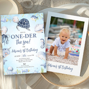 Blue Photo Sea Turtle One-der The Sea 1st Birthday Invitation